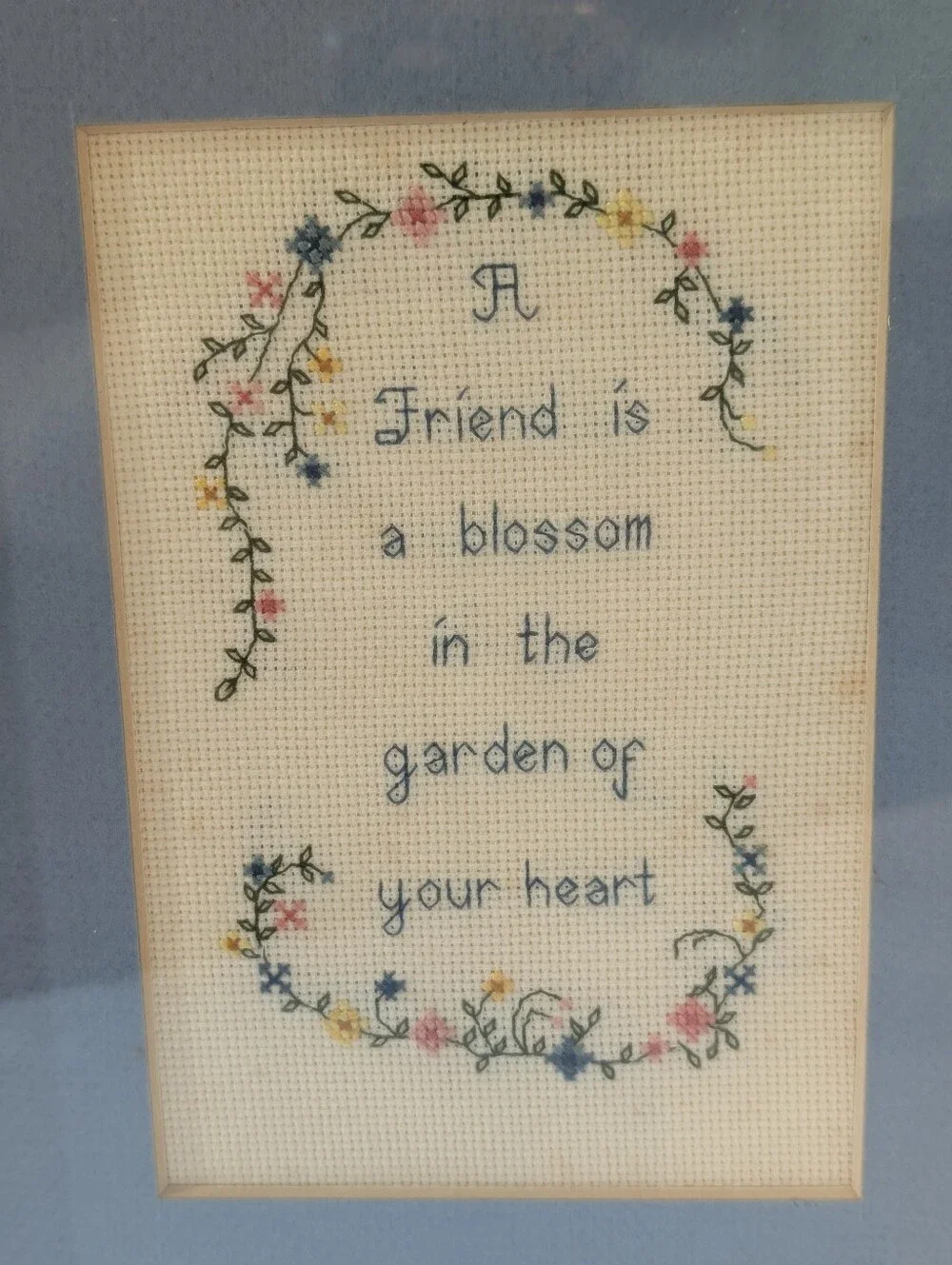 VTG Cottagecore Framed Blue & Wood Floral Cross-Stitch Wall Accent 8 X 10